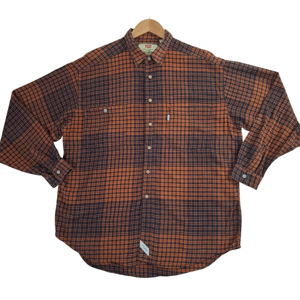 Vintage Levi's Flannel Shirt Mens XL Plaid Orange Navy Blue Long Sleeve 90s
